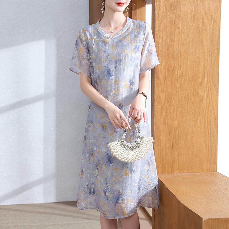 Xuexi Women's Floral Short-Sleeve Qipao-Inspired Summer Dress