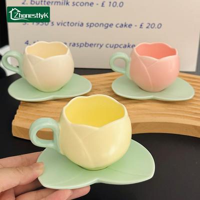 Lovely Tulip Drinking Cup with Saucer Ceramic Tulip Shaped Teacup Creative Vintage Mug Home Afternoon Tea French Tableware