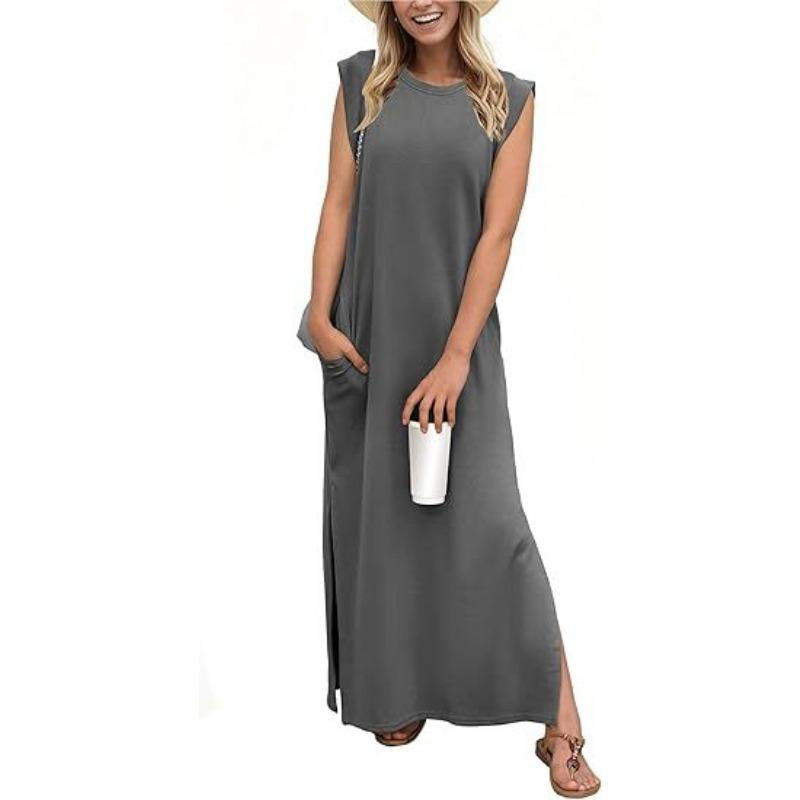 Women's Round-neck Loose Slit Sleeveless Long Pocket Dress