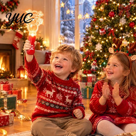 Santa Claus Projection Lamp Christmas Stage Light Toy for Kids, Musical Handheld Glow Stick with Stocking Stuffers Boys Girls Snowman Tree Reindeer
