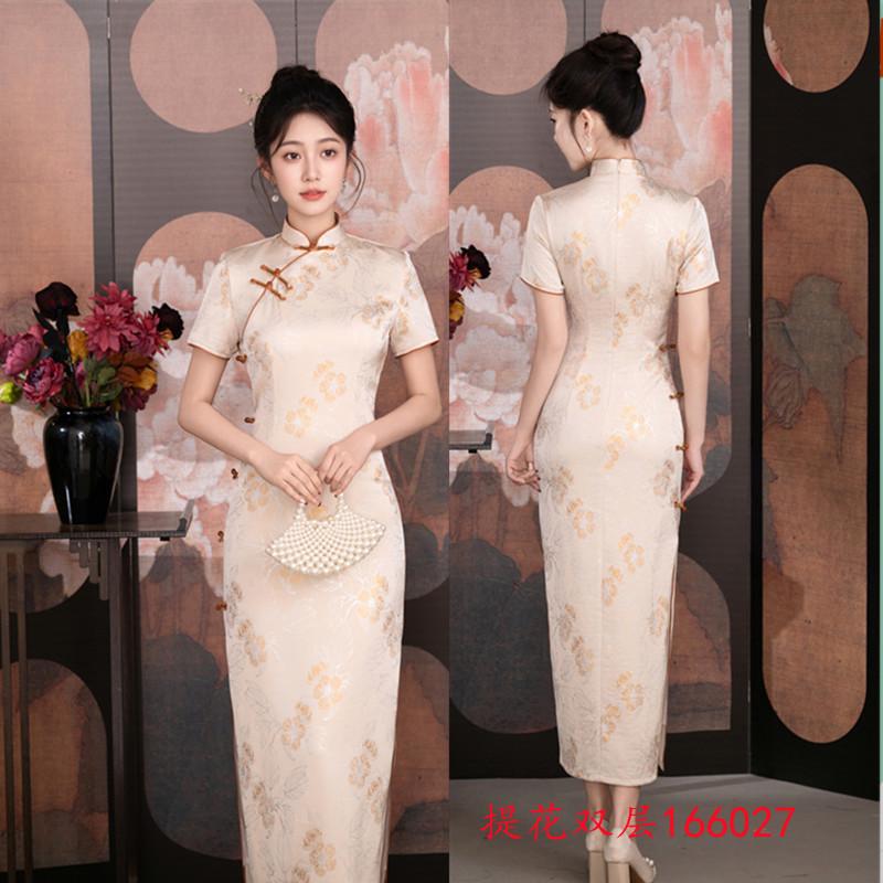 Ai Qi embroidery spring and summer new jacquard double-layer long cheongsam gentle retro Republic of China style simple and elegant slim cheongsam