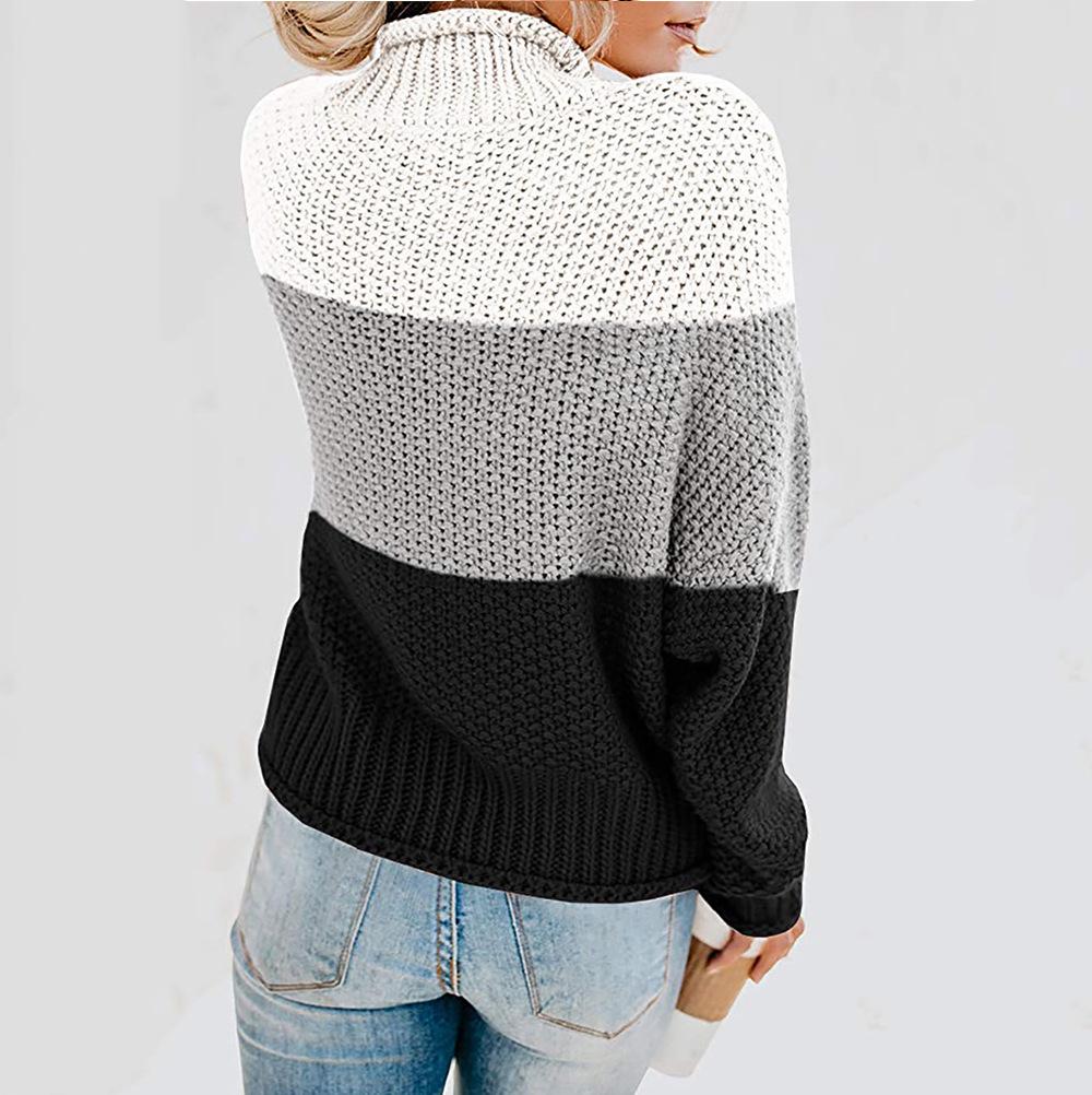 2025 Cross-border Women's Thick Knit Color Block High Neck Sweater Pullover