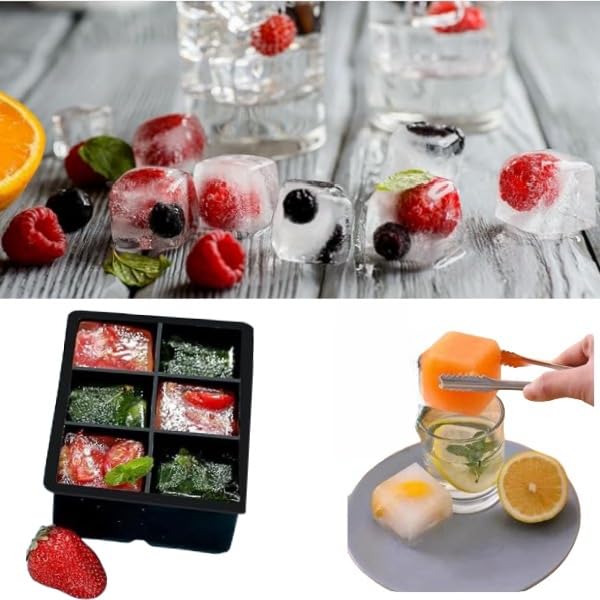Silicone Ice Maker, Odorless, with Lid and Ice Tongs, Holds 6 Large Square Ice Pieces, 5x5x5cm Ice Cubes