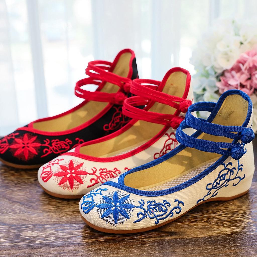 2025 Embroidered Women Canvas Ballet Flats Ankle Strap Ladies Casual Cotton Chinese Embroidery Ballerina Shoes