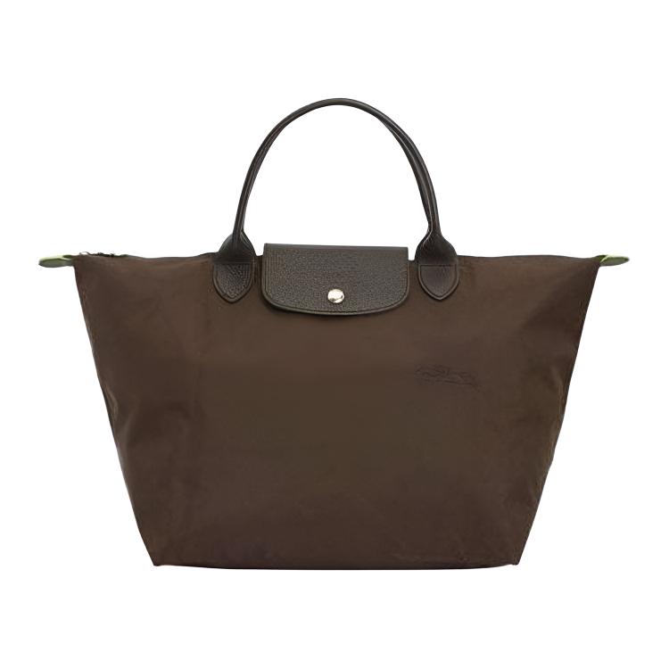Longchamp Le Pliage Green Logo Contrast Design Nylon Dumpling Tote Bag Medium Women Tote Bags Mocha-Brown 1623919002