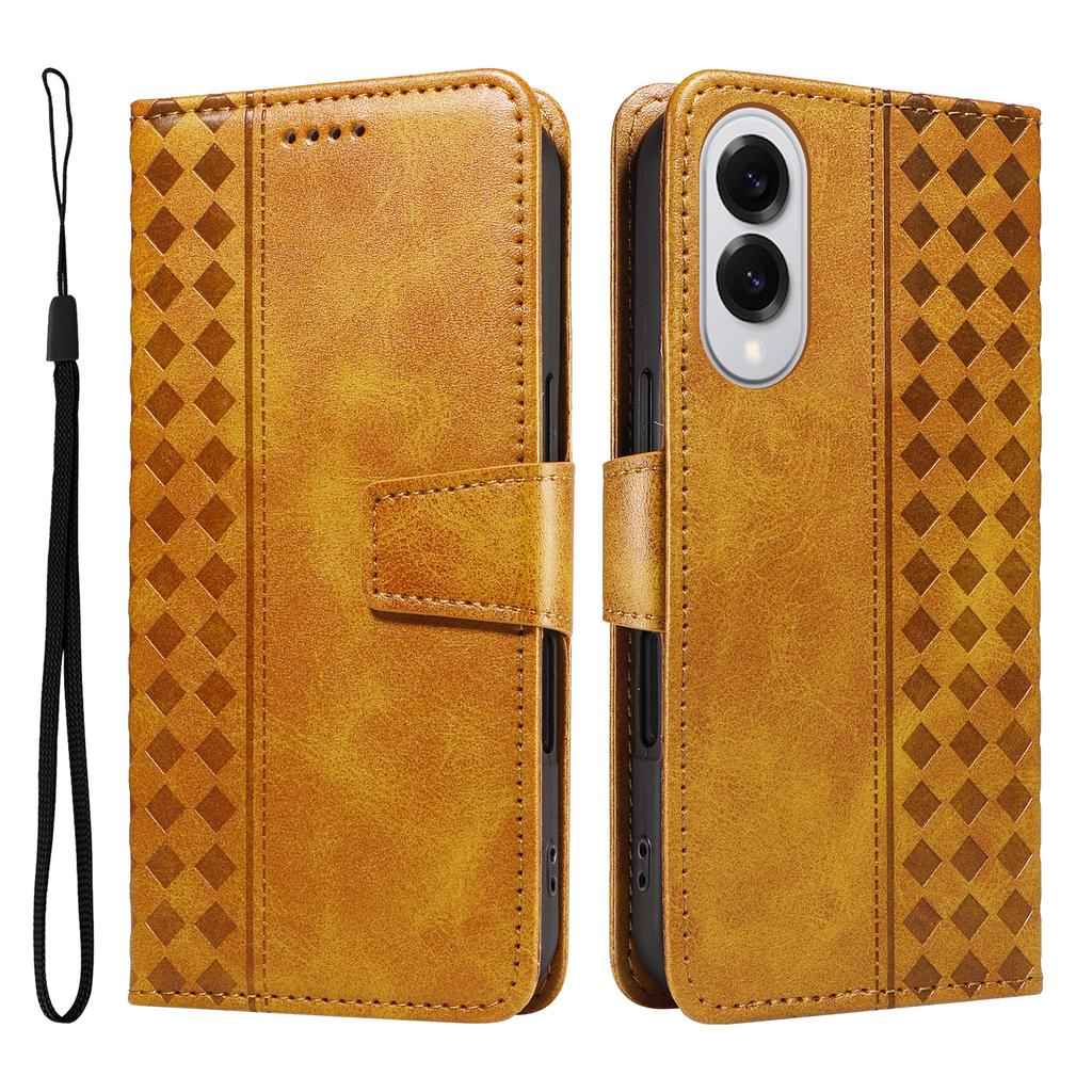 For Samsung Galaxy S25 Edge Leather Case Wallet Stand Grids Imprinted Phone Cover with Strap