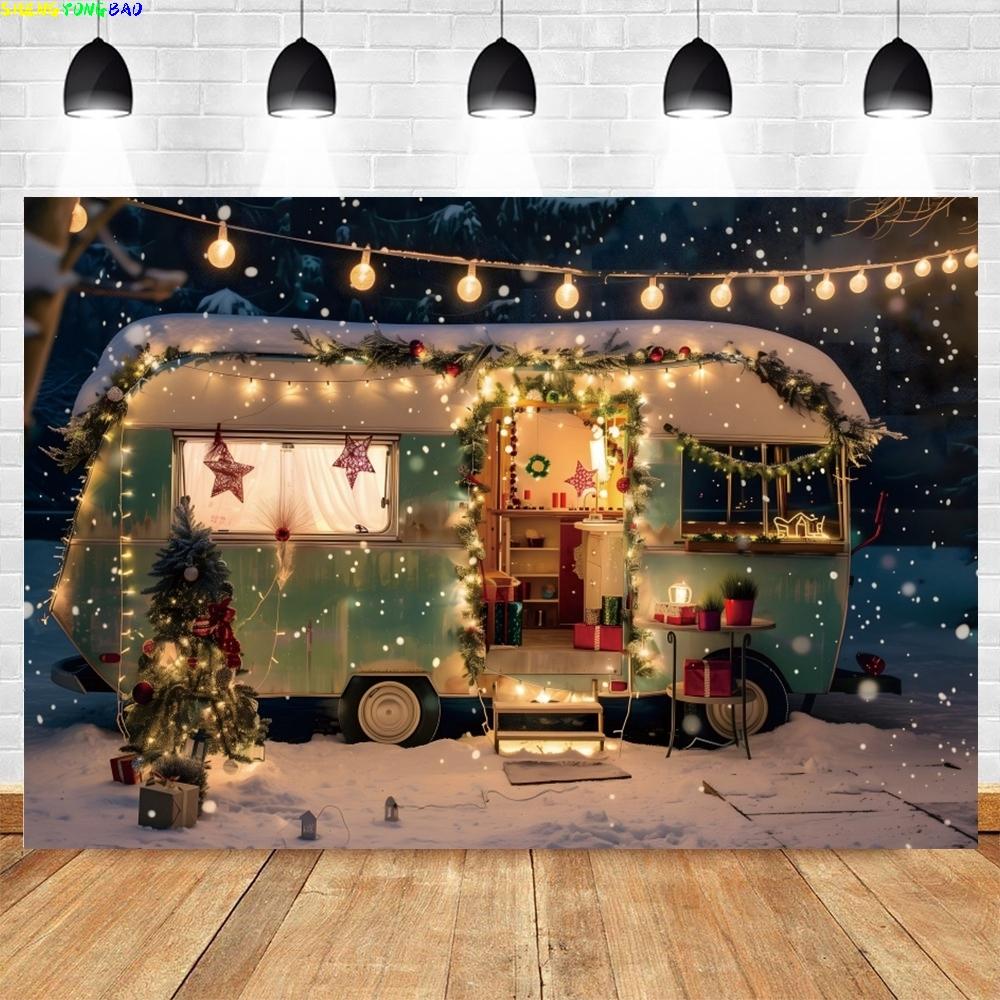 Christmas Outdoor Camping Car Photography Background Winter Forest Xmas Trees Kids Family Portrait Decor Backdrop Photo Props