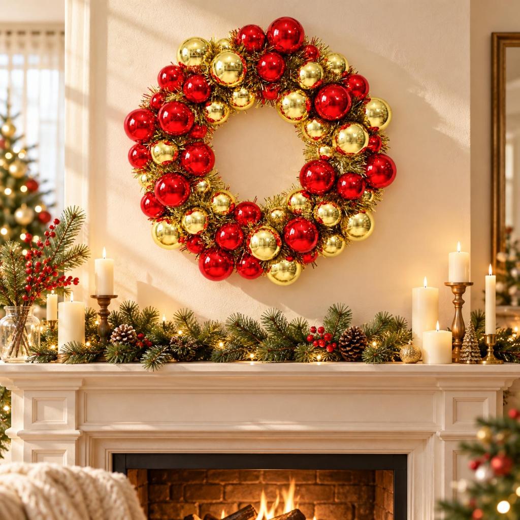 Shiny Tinsel Wreath Easy to Hang Christmas with Baubles Lightweight for Seasonal Displays