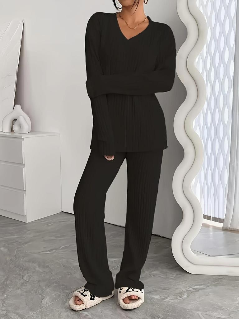 2025 European/American Autumn/Winter Striped Casual Set: V-neck Long-Sleeve Top & Straight-Leg Pants.