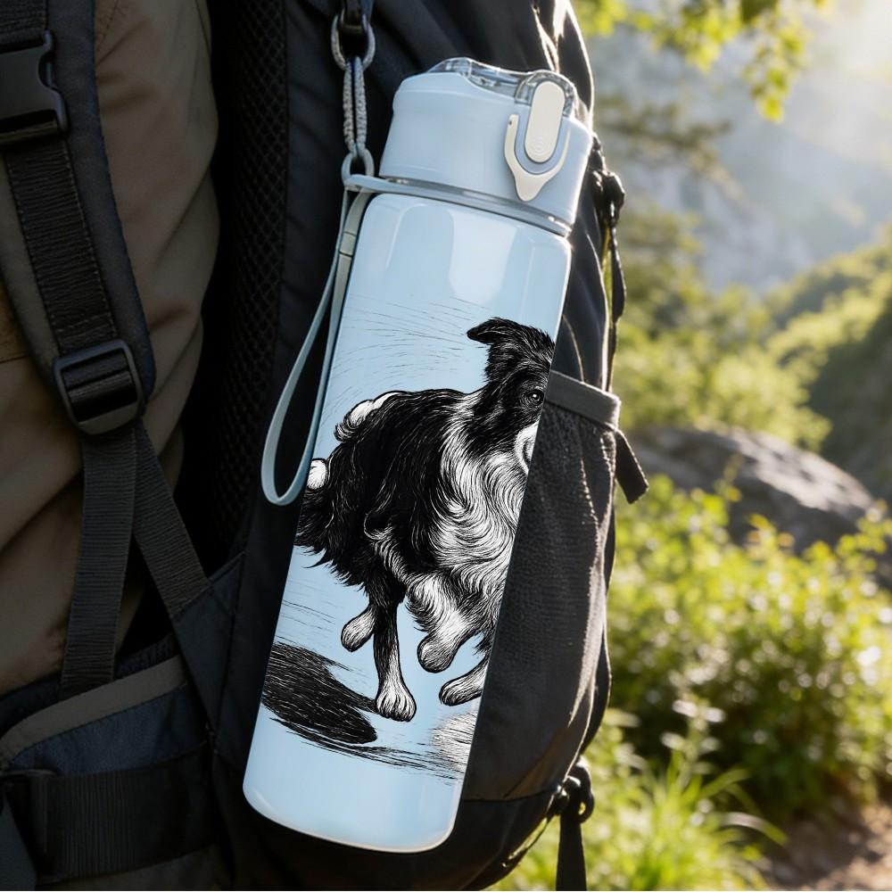 1PC Black White Border Collie Dog Print 750ml Color Plastic Sports Water Bottle Leakproof Flip Straw Lid Suitable for Sports Office Home Use