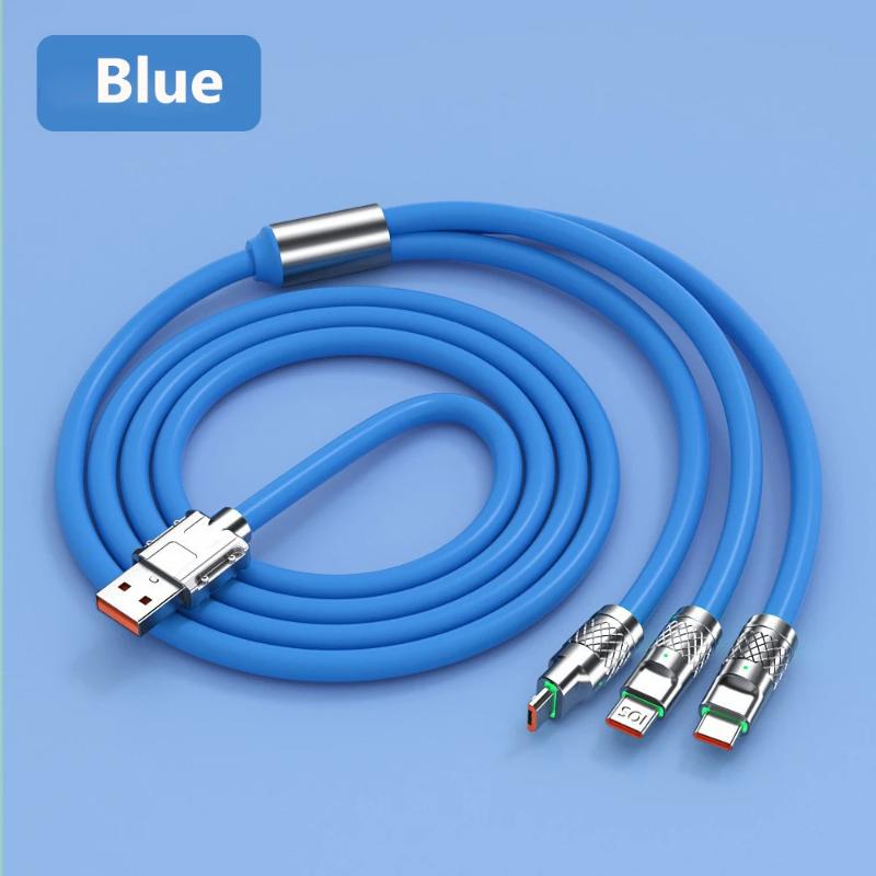 3 in 1 USB Cable 6A 120W USB Cable Fast Charging Data Cord For Iphone Samsung Huawei Xiaomi Multi Port Multiple Charging Wire