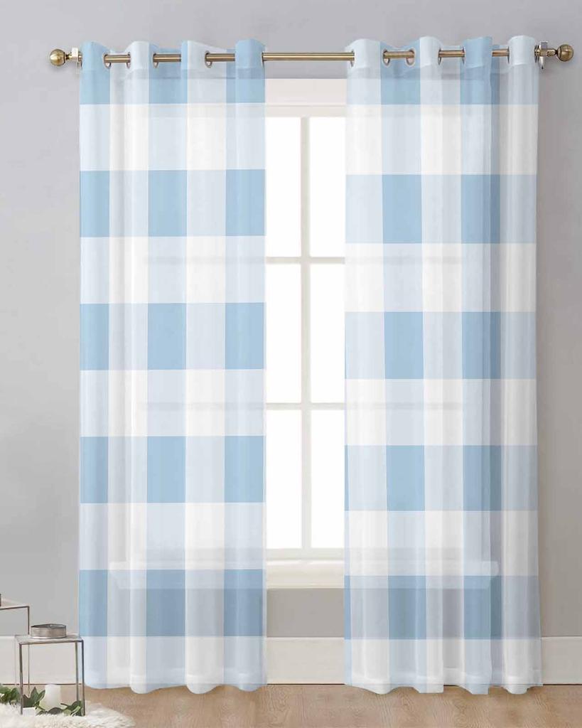 Blårutig Vår Skira Gardiner för Vardagsrumsdekoration Fönstergardiner för Kök Tyll Voile Organza Gardiner