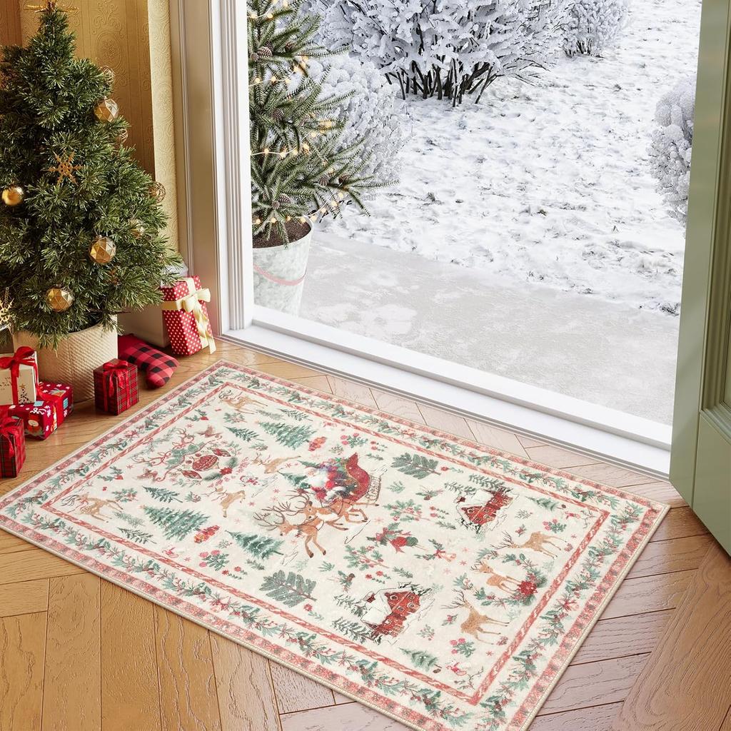 Vintage Interior Christmas Carpet Kitchen Bathroom Carpet Entrance Non-Slip Mat Winter Living Room Bedroom Holiday Decor
