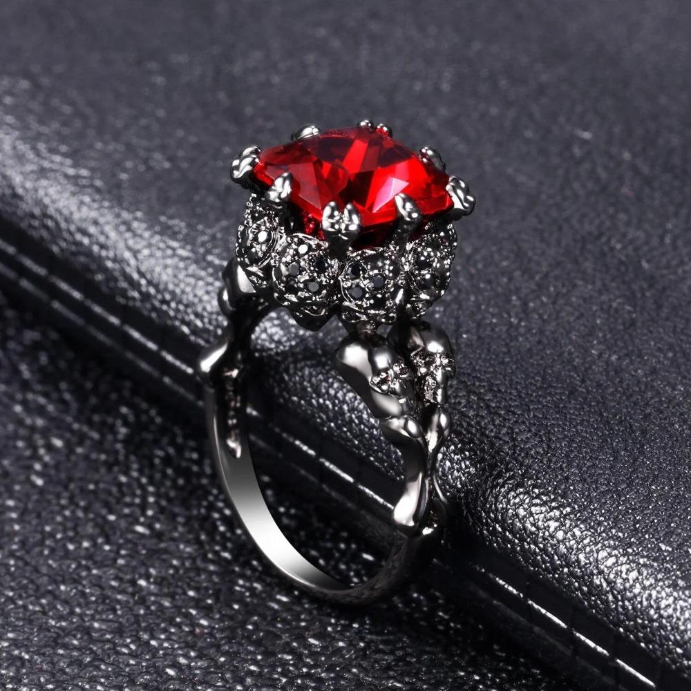 Skull Gothic Black Ring Red Crystal Vampire Double Skull Halloween Rings Black for Women Wedding Jewelry