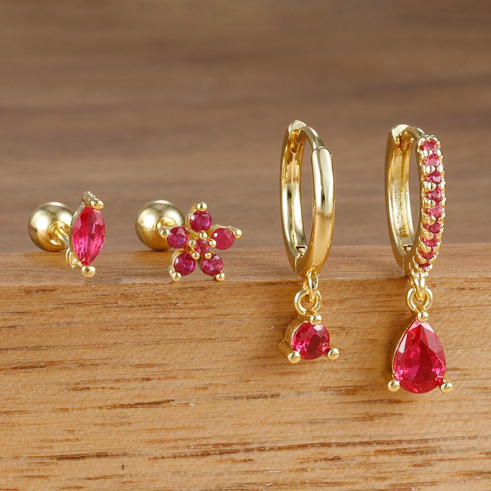 4PCS New Design Stainless Steel Water Drop Cubic Zirconia Dangle Earrings Set Flowers Horse Eyes Stud Piercing Earring Jewelry