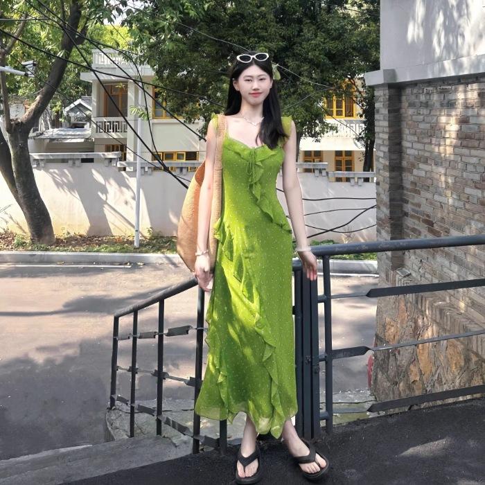 2026 new summer new lotus leaf edge green floral suspender dress women's summer Sanya seaside slim dress