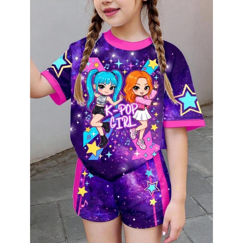 Kpop Cartoon Graphic Girls T-Shirt and Pants Set Girls' Summer Clothing Cute Short Sleeve Set Children's T-Shirt and Shorts Set