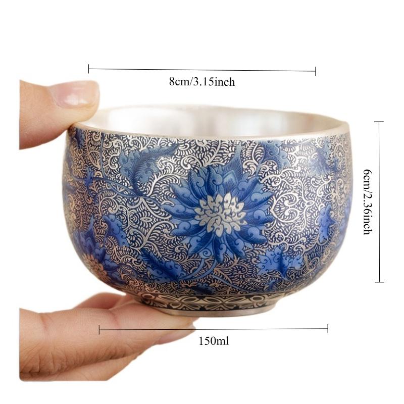 Silver Gilded Blue White Tea Cup Hand Painted Lotus Ceramic Gongfu Set Personal Master Cup Home Use Zen Decor Gift