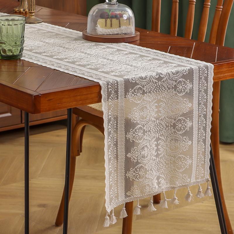Elegant Nordic White Lace Table Runner with Crochet Tassels - Perfect for Dining or Coffee Tables, Ideal for Christmas Decor.