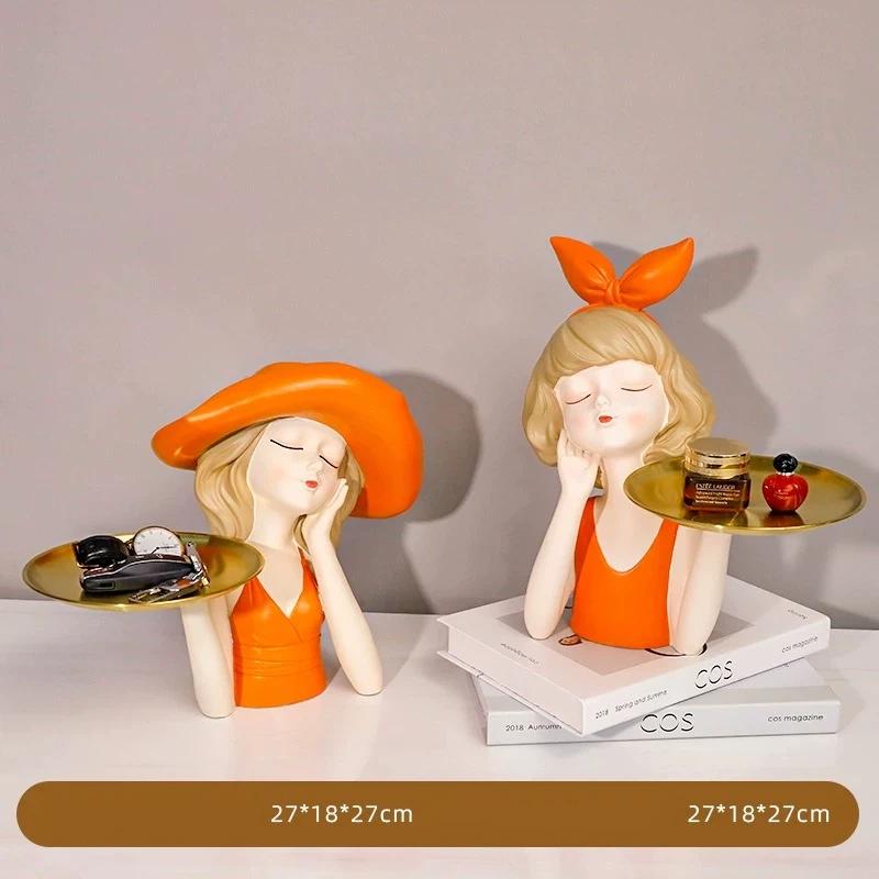 INS Style Resin Girl Tray Figurine – Modern Desktop Home Decorative Ornament