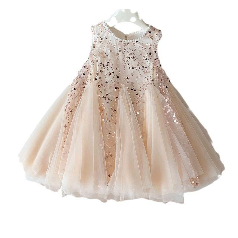 Girls' Summer Dress, Sleeveless Vest Mesh Dress Princess Dress