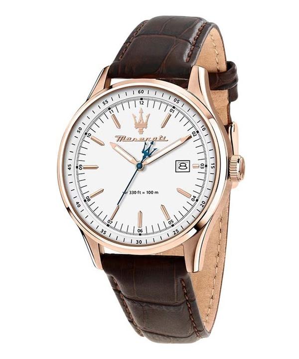 Maserati Classic Sorpasso Leather Strap Silver Sunray Dial Quartz R8851124002 100M Men's Watch