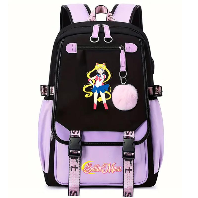 Sailor Moon Cute Anime Printed Student School Bag USB Interface Large Capacity Canvas Bag Computer Bag