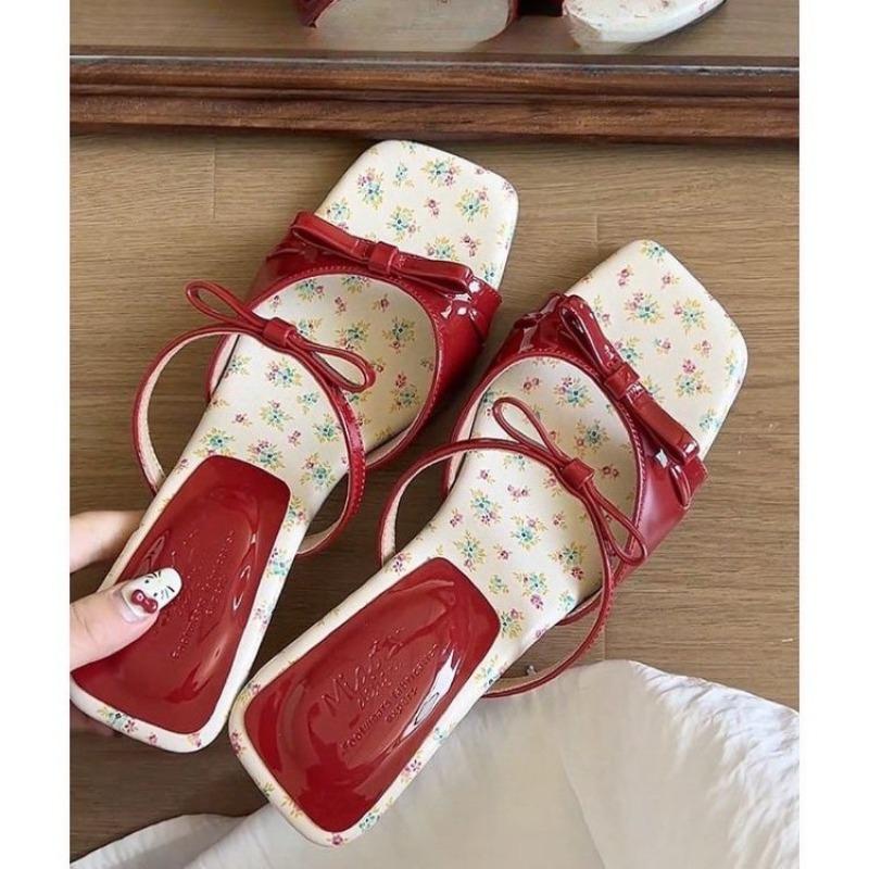 Fashion Women's Wedge Sandals 2025 New Summer Wear Square Head Bow Line with Slippers with Skirt Beautiful French High Heels