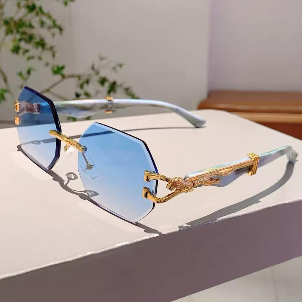 Rimless Octagon Sunglasses Women For Men Luxury Brand Design Vintage Punk Popular Metal Gold Leopard Head Sun Glasses Uv400