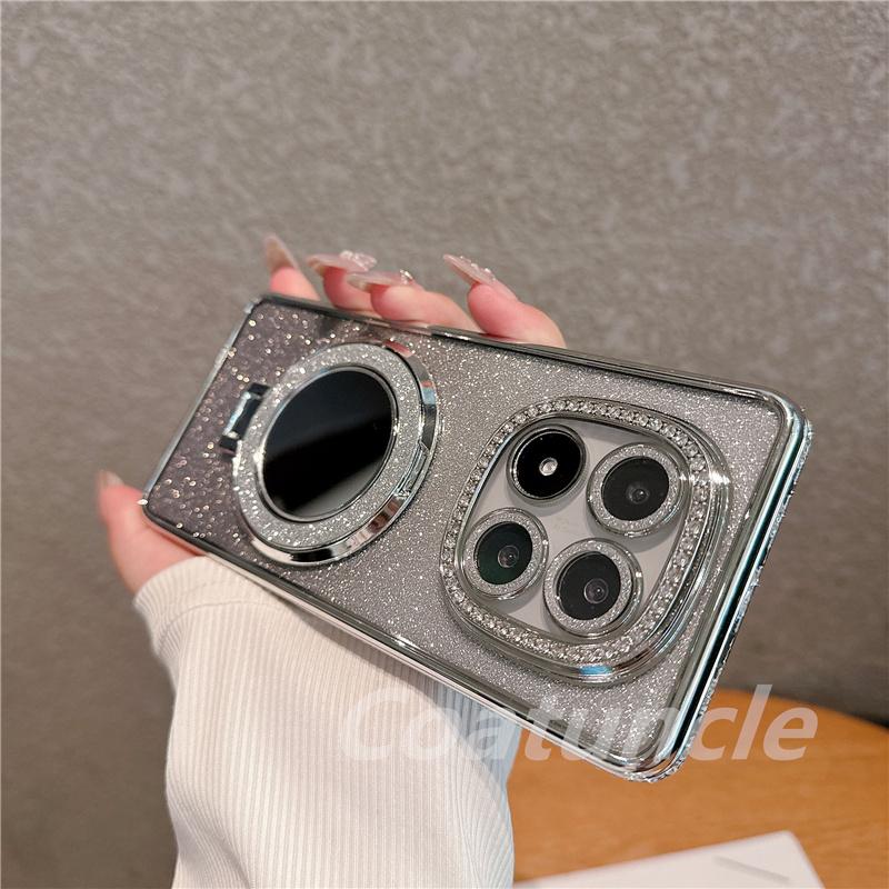 Luxury Glitter Magnetic Magsafe Mirror Bracket Diamond Case for Xiaomi Redmi Note 14 Note14 Pro Plus 14S 14C 4G 5G Plating Cover