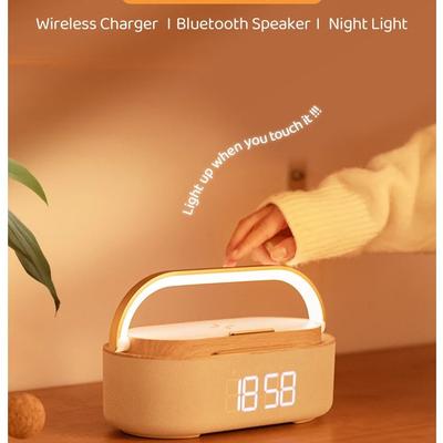 Portable Dual Alarm Clock Bluetooth Speaker, Phone Holder Wireless Charger, FM Radio & Dimmable Light for Bedroom Office Home Gift Giving