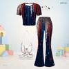 Girls Red Blue White Printed Round Neck Short Sleeve Top Flared Pants Two Piece Set