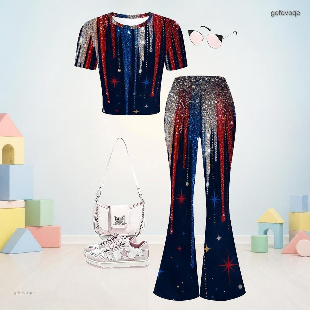 Girls Red Blue White Printed Round Neck Short Sleeve Top Flared Pants Two Piece Set