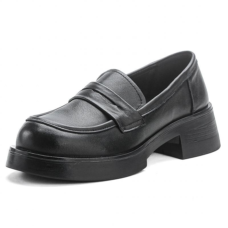 First Layer Cowhide High Heels Women's Retro Leather Shoes Muffin Heel Small Leather Shoes Genuine Leather Women's Shoes