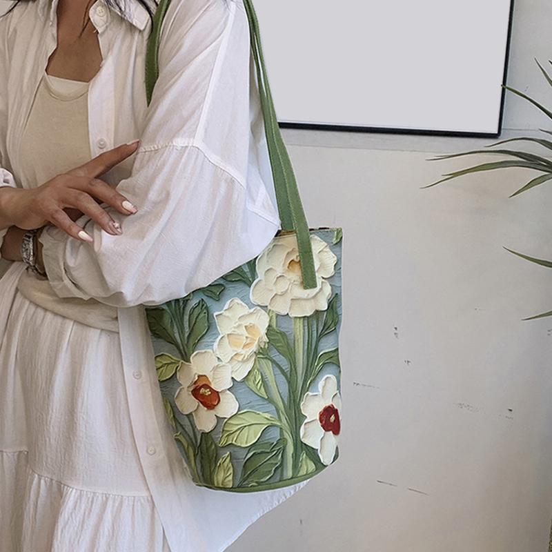 Yogodlns Nová Módní Květinový Vzor Kbelíková Taška Plátěná Ležérní Taška přes Rameno Velká Kapacita Kreativní Kabelka pro Ženy