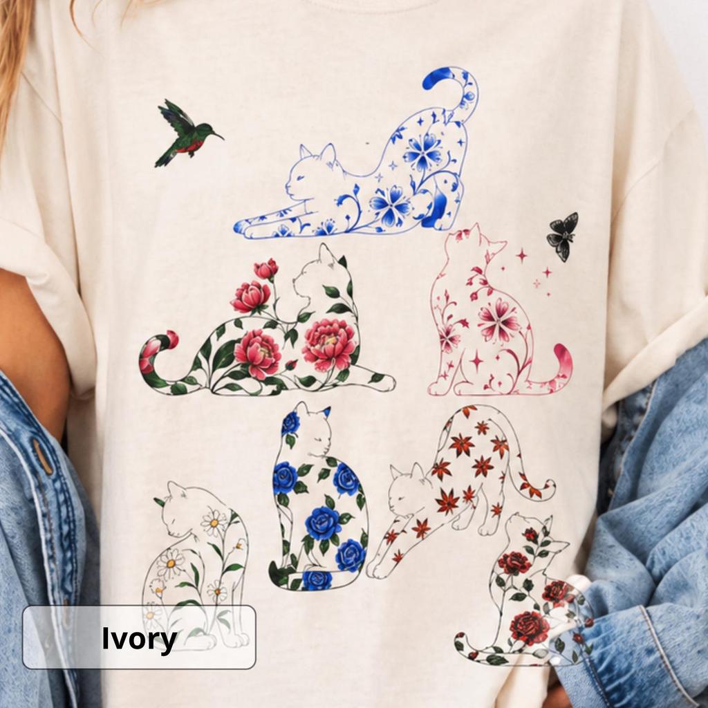 Cat Shirt, Floral Cat Comfort Colors Shirt, Cute Kitten Shirt, Cottagecore Cat Tee, Wildflower Cat Art, Cat Lover Gift