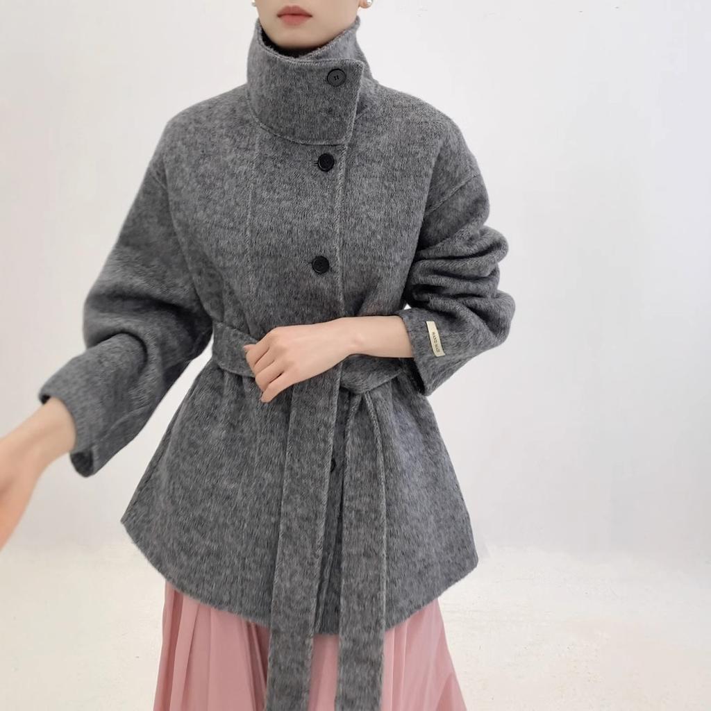 Stand-up collar small double-sided wool coat women's gray autumn and winter coat short niche design new
