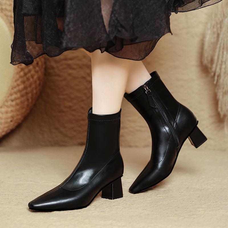 High-heeled short boots women's spring and autumn single boots 2025 new small square head thick heel thin boots brown French medium boots