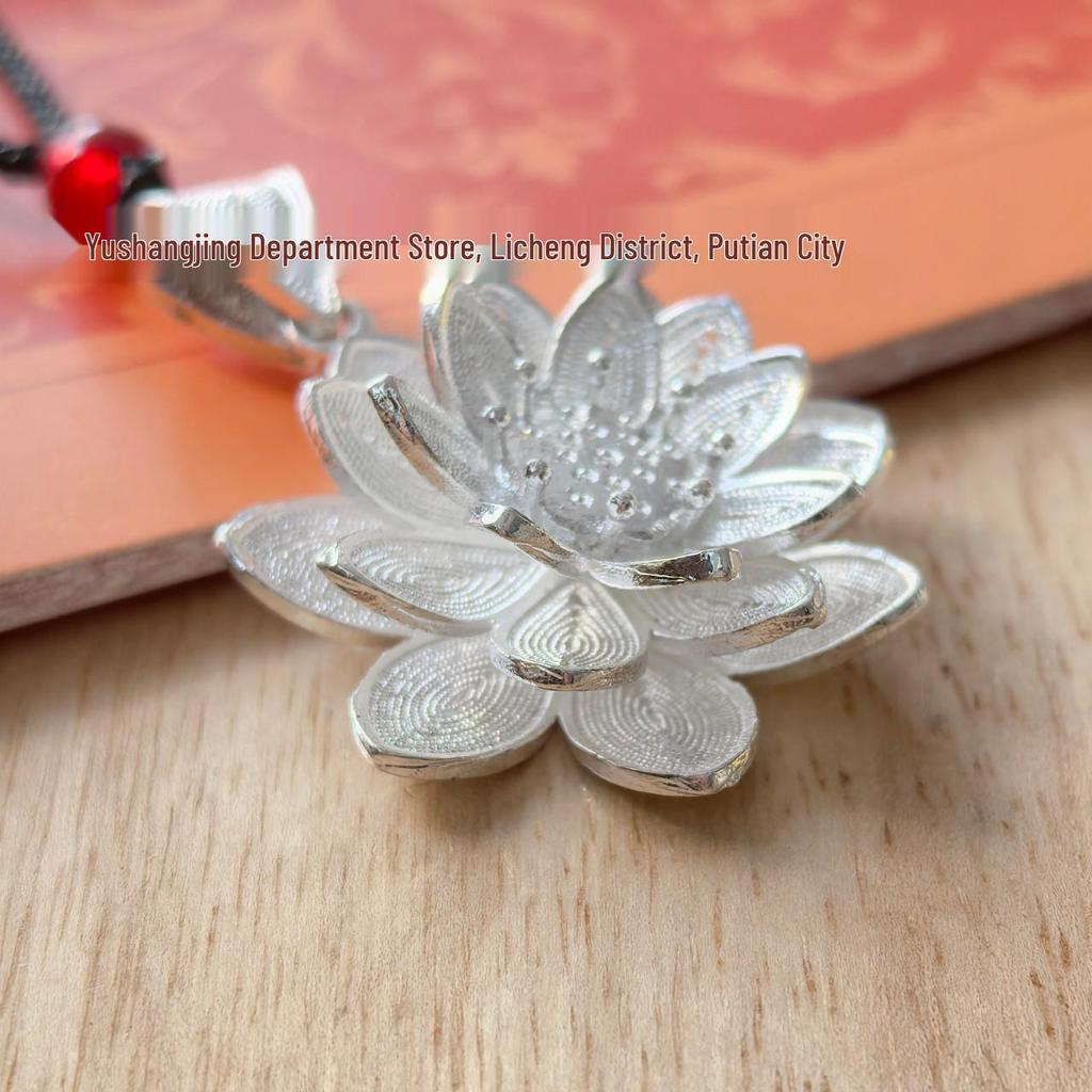 Silver-Plated Brass Lotus Pendant Necklace - Retro Ethnic Style Jewelry