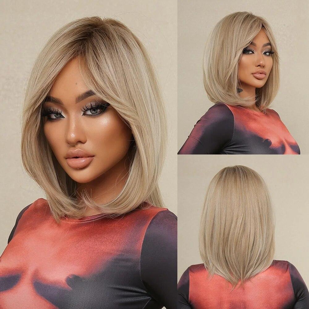 Purple Pink Ombre Black Short Straight Synthetic Wigs with Bangs Bob Wig for Women Daily Cosplay Party Heat Resistant Fake Hairs