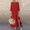 LYRIA Baumwolle Leinen Vintage Lange Kleider Damen Dreiviertelärmel Splicing Druck Lockeres A-Linien-Kleid Mode Lässig Damen Maxi Vestido