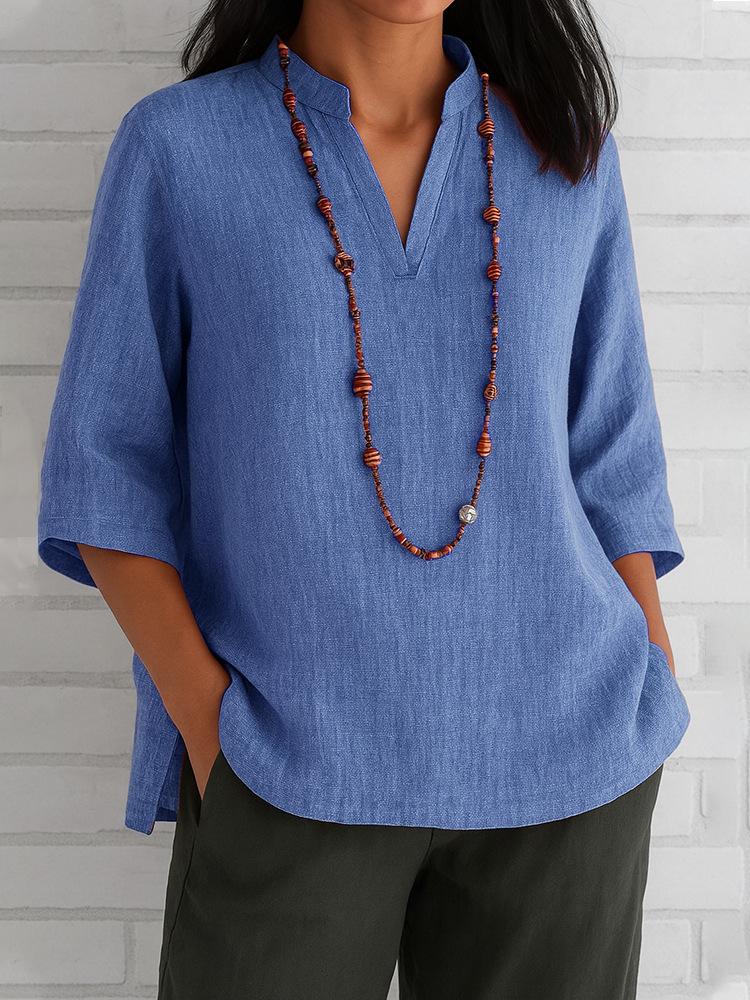 Women V Neck Three Quarter Sleeve Loose Casual Summer Blouse Shirt