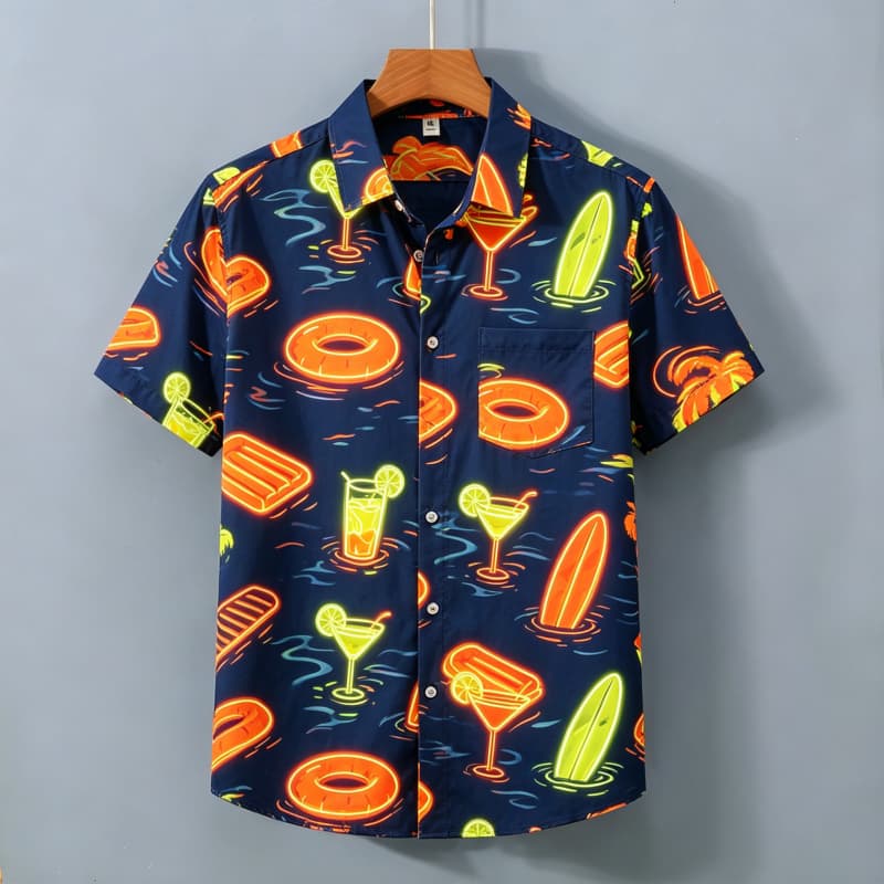 Herren Neon Print Hemd, Kurzarmhemd mit Taschen, Buntes Party-Atmosphäre Oberteil, Geeignet für den täglichen Gebrauch und den Urlaub