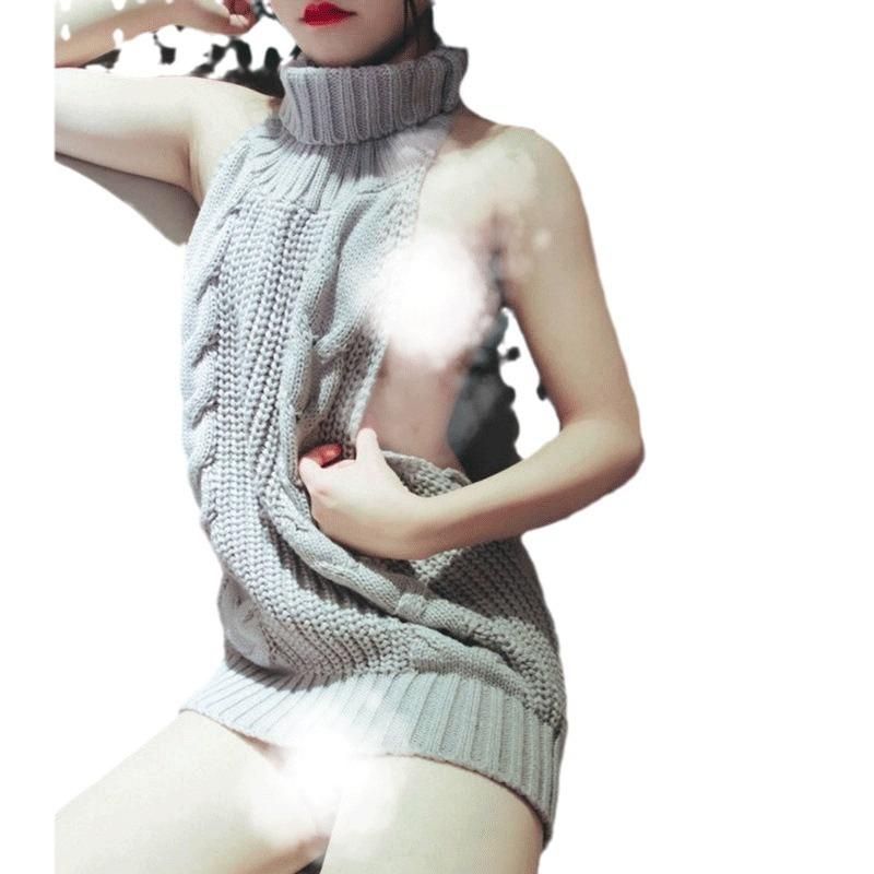 Sexy women's solid color erotic underwear turtleneck sweater strap neck backless jumpsuit