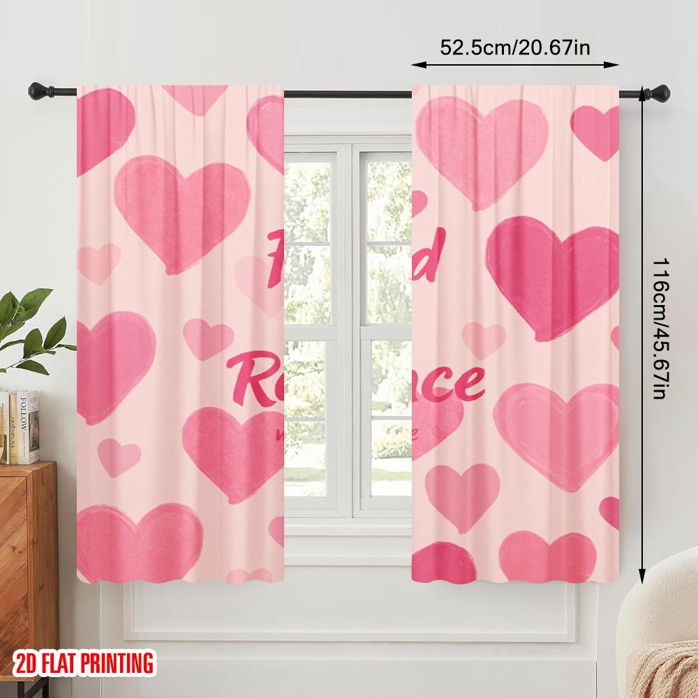 2 pièces Rideaux imprimés plats 2D Cœurs roses Romance Tissu polyester Sans électricité Utilisation pour fête d'anniversaire pour portraits de vacances