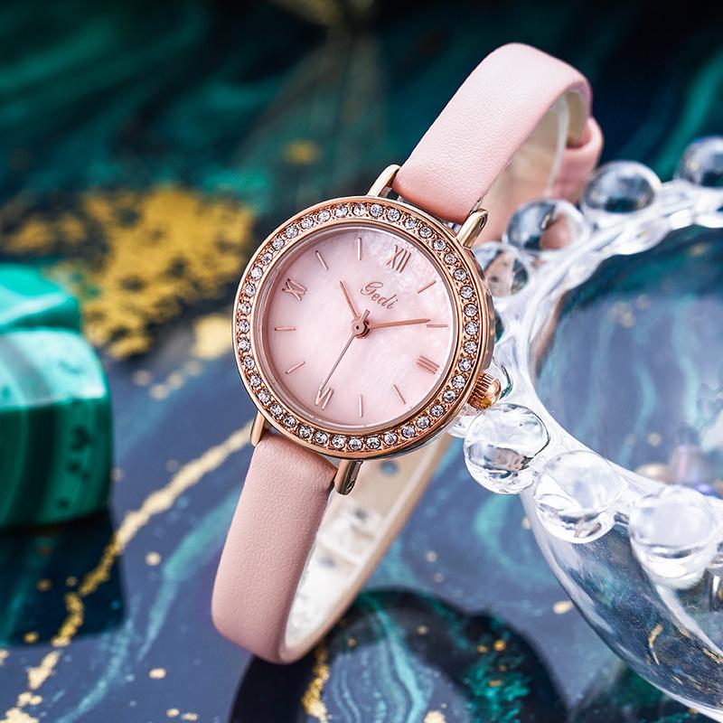 High-value Round Fashion Atmosphere Diamond-encrusted Waterproof Quartz Watch Simple Leather Business Rose Gold