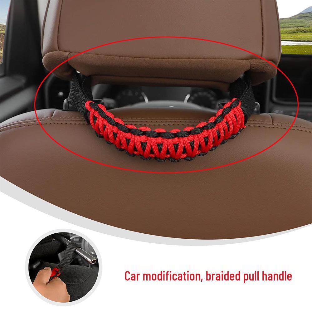Adjustable Car Rear Seat Armrest: Paracord Woven Grab Handle Black