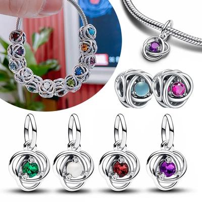 Silver S925 Twelve Month Birthstone Heart Eternity Charms Beads Pendant Fit Original Bracelet for Women DIY Fine Jewelry