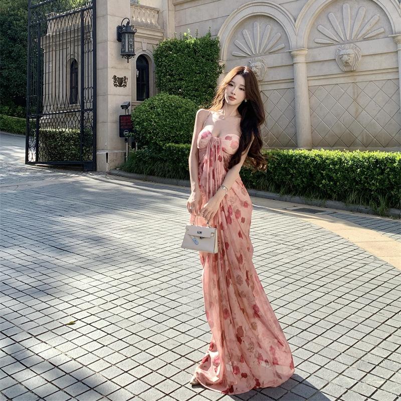 Hainan Sanya seaside vacation pure desire long dress French printing tie-dye tube top suspender dress women's summer