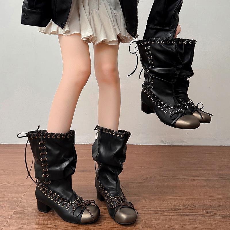 Fashion Vintage Cross Strap Thick Heel Women Motorcycle Boots Fashion Ladies Metal Buckle Pleated Mid Calf Booties
